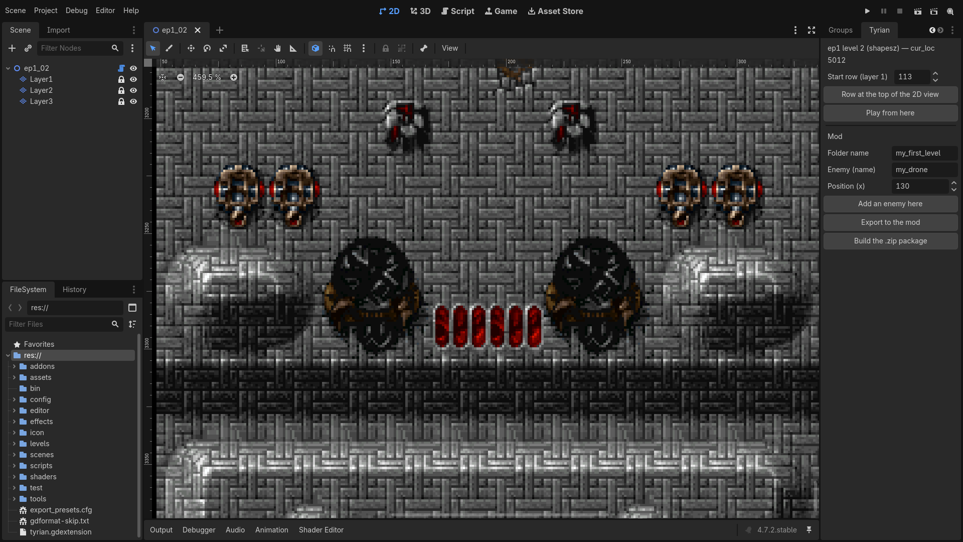 The Godot level editor open on a Tyrian level, with the Tyrian dock on the right