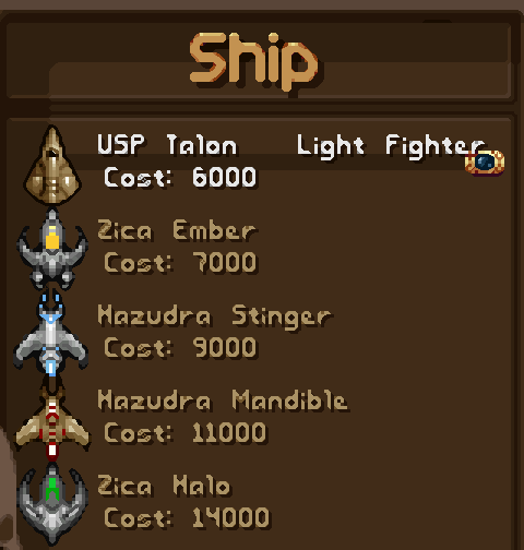 The ship shop listing the Zica Ember, Hazudra Stinger, Hazudra Mandible and Zica Halo