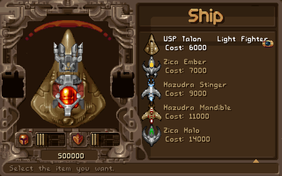 The ship shop listing the Zica Ember, Hazudra Stinger, Hazudra Mandible and Zica Halo after the USP Talon