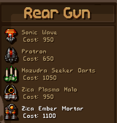 The rear gun shop listing the Hazudra Seeker Darts, Zica Plasma Halo and Zica Ember Mortar