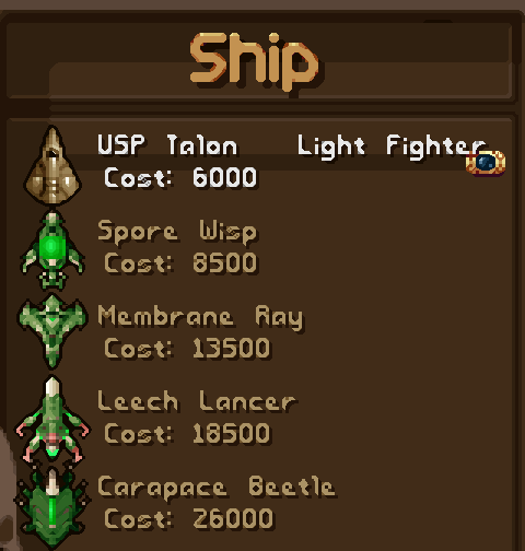 The ship shop listing the Spore Wisp, Membrane Ray, Leech Lancer and Carapace Beetle