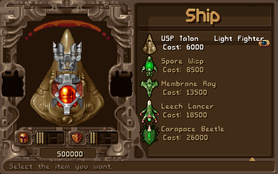 The ship shop listing the Spore Wisp, Membrane Ray, Leech Lancer and Carapace Beetle after the USP Talon