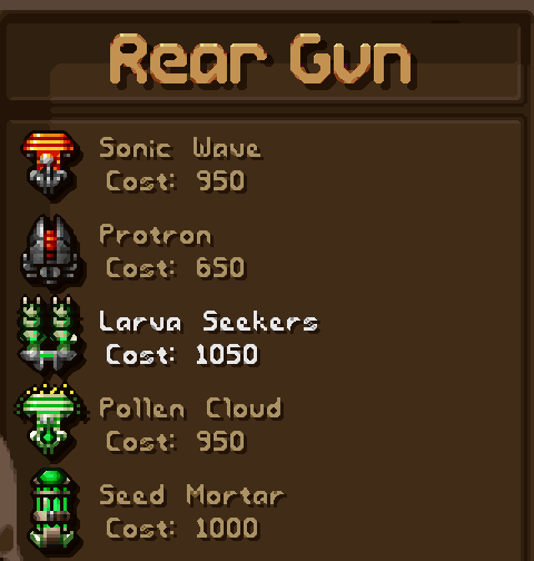 The rear gun shop listing the Larva Seekers, Pollen Cloud and Seed Mortar