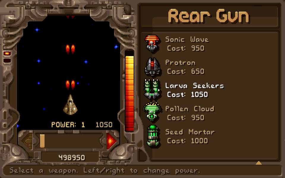 The rear gun shop listing the Larva Seekers, Pollen Cloud and Seed Mortar