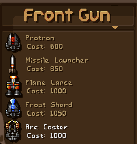 The front gun shop listing the Flame Lance, Frost Shard and Arc Caster