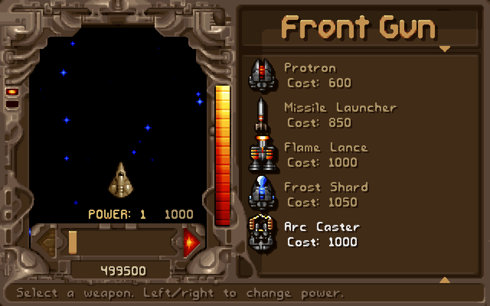 The front gun shop listing the Flame Lance, Frost Shard and Arc Caster