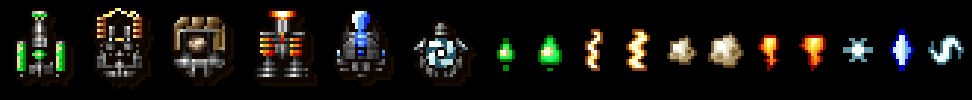The Elements Weapon Pack: six shop icons, then its fire, ice, lightning, earth, acid and wind shots
